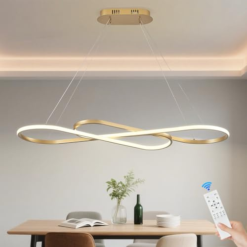 CATINER Moderner LED Hängeleuchte Gold Esszimmer Pendelleuchten 100cm Dimmbar LED Kronleuchter mit Fernbedienung Kücheninsel Linear Hängelampe für Wohnzimmer Hohe Decken 60W