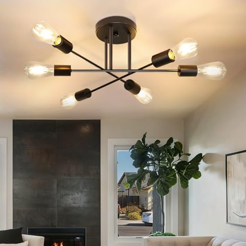CBJKTX Deckenlampe Wohnzimmer Deckenleuchte Vintage Schwarz E27 Flurlampe 6 | Flammig Retro Küchenlampe Industrial aus Metall Schlafzimmerlampe Decke für Schlafzimmer Küche (ohne Leuchtmittel)
