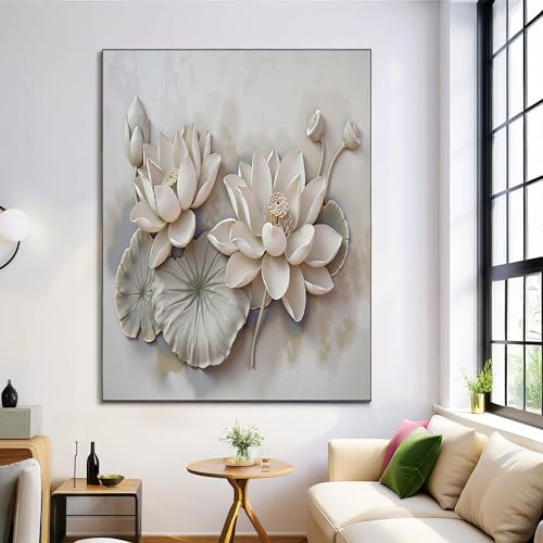 Blanc ivoire Toile Tableau Peinture à Lotus Feuilles Murale Art Plâtre Relief, Affiches Moderne Chambre Salon Decoration à La Maison Tableaux, 80x120cm Sans Cadre
