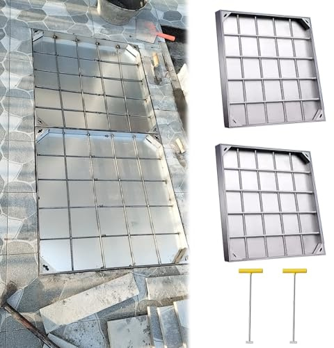 Osynligt rostfritt stål septiskt tanklocksskydd 2-pack, infälld brunstensram, avloppshandfat och avloppslock (87 x 87 cm)