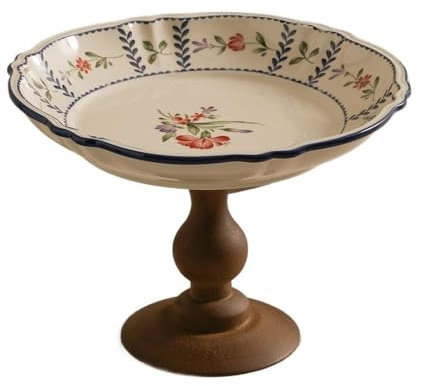 DTACBNEUZ Ciotola da Portata Ciotola for Frutta in Ceramica Floreale con Base in Legno, Piatto da Portata Rustico for spuntini, Decorazione tavola in Stile Fattoria(Piccolo)