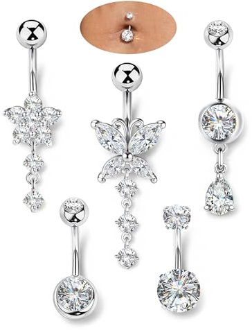 ORAZIO 5 Pares Plata Piercing Ombligo Acero Quirurgico 10MM Plata Belly Piercing para Mujer Hipoalergénico Mariposa Circón Piercing Ombligo para Mujer