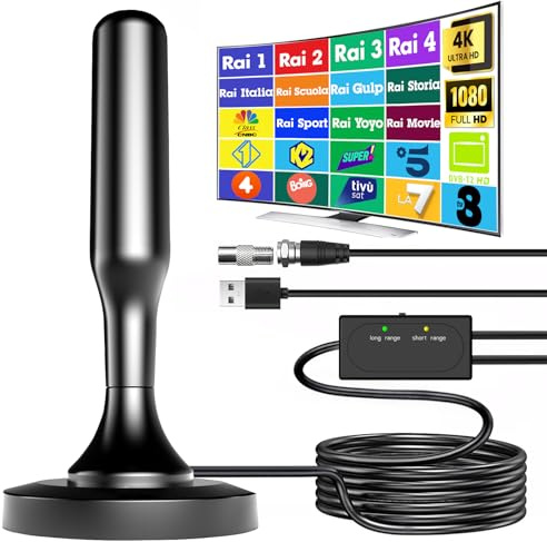 Antenna TV Interna Amplificata Potente, Antenna Portatile con Base Magnetica per 4K Smart TV(DVB-T2), Ricezione Segnali Digitali Terrestri entro 380 km, Include un cavo coassiale da 5 m (Grigio Scuro)