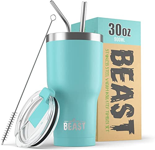 Beast Tumbler - 900 ml (30 oz), Aqua Blue | Reusable Stainless Steel, Vacuum Insulated Cup | with + 2 Straws & Cleaning Brush | Double Wall Travel Flask Perfect for Hot or Iced Coffee | BPA Free