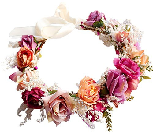 YAZILIND Adjustable Flower Headband Hair Wreath Floral Garland Crown Halo Headpiece with Ribbon Boho Wedding Festival