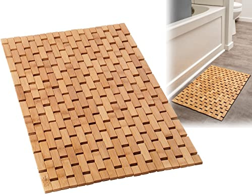 Natural Bamboo Wood Bath Mat - Bathroom and Kitchen Rugs, Bathmat Accessories for Bathtub, Spa, Sauna Floor and Shower Door Step (Lattice, Standard 16x24 Inch)