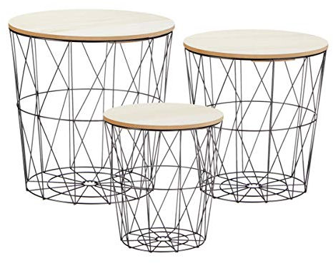 Spetebo Metall Beistelltisch mit Stauraum schwarz - 3er Set/helle Tischplatten - Wohnzimmer Tisch mit Abnehmbarer Holz Platte Metallkorb Sofatisch Couchtisch