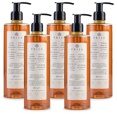 Prija Vitalisierendes 2-in-1 Duschgel und Shampoo mit Ginseng-Extrakt, feuchtigkeitsspendendes und energetisierendes Haar- und Körperwaschgel mit Pumpspender, luxuriöses Duschgel, 5 x 380 ml | Hydrating and Energising Hair and Body Wash with Pump Dispenser. Luxurious Spa Quality Vitalising Formula.