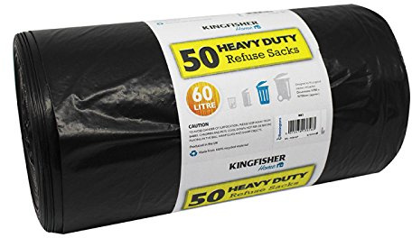 HomeZone Heavy Duty Refuse Sacks 50 Pack 60L – Strong Black Bin Liners & Dustbin Bags for Household, Garden & General Waste Disposal