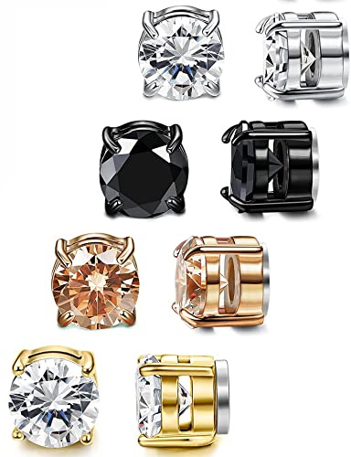 YZstyle 4 Pairs Stainless Steel Magnetic Stud Earring for Men Women CZ Magnet Non Pierced Clip On Earrings Set 8MM (4 Pairs a Set,8MM)
