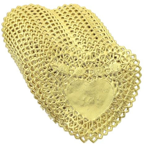 HEMOTON 100 Stücke Herz Tortenpapier Tortenspitze Spitzendeckchen Spitze Papierdeckchen Backpapier Einweg Ölabsorbierende Papier Deckchen für Hochzeit Party Deko Valentinstag Dekoration Golden