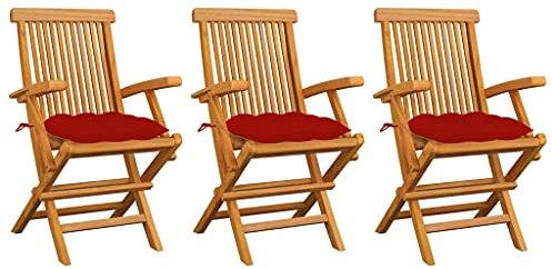 vidaXL 3X Teak Massiv Gartenstuhl mit Roten Kissen Armlehnen Klappbar Gartenstühle Klappstuhl Klappstühle Stuhl Stühle Holzstuhl Gartenmöbel