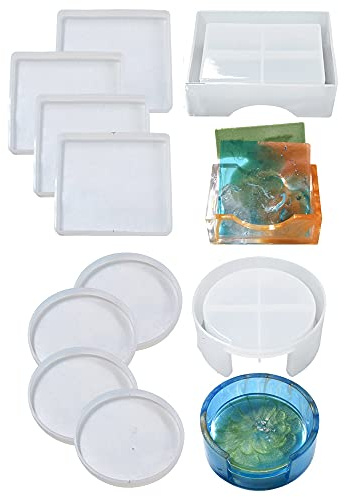 Lot de 10 moules en résine pour dessous de verre rond en silicone, boîte de rangement rectangulaire ronde en silicone époxy pour loisirs créatifs