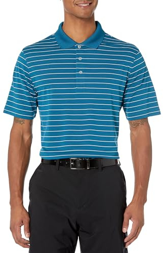 Amazon Essentials Men's Golf Polo Shirt, Moisture-Wicking Quick Dry, Short Sleeve, Teal Blue White Stripes, L