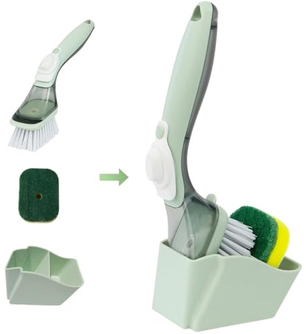 CQT Brosse à Vaisselle distributrice de Savon, Brosse à Vaisselle avec poignée, Brosse de Lavage de Cuisine pour Le Nettoyage des casseroles, poêles, éviers, emballée avec 1 tête de Tampon à récurer