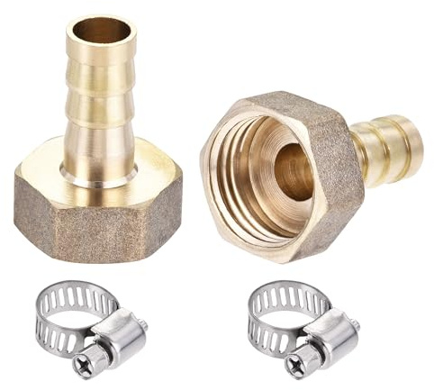 sourcing map Brass Barb Hose Fitting Connector Adapter 10mm Barbed x G1/2 Female Pipe with Hose Clamp 2Set