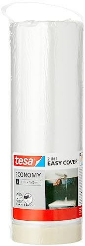 tesa Easy Cover Film ECONOMY - Telo Copritutto per Pittura 2 in 1 con Biadesivo in Carta - 33 m x 140 cm