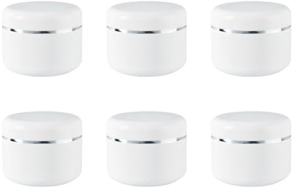 6 x 100 ml nachfüllbare Make-up-Kosmetikgläser aus weißem Kunststoff mit Inneneinsätzen und silberfarbenem Rand, Behälter, Behälter, Flasche, Reiseverpackung, Aufbewahrung für Lotionen, Cremes