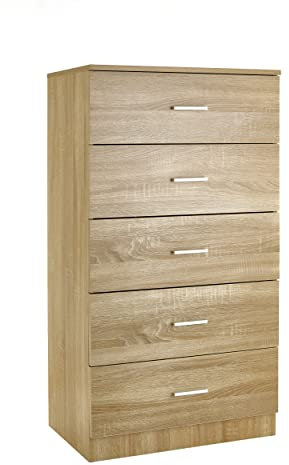 Baroni Home Kommode 5 Schubladen aus Melamin, Schrank für Schlafzimmer oder Wohnzimmer, moderner Schrank aus Eiche 60x40x110 cm