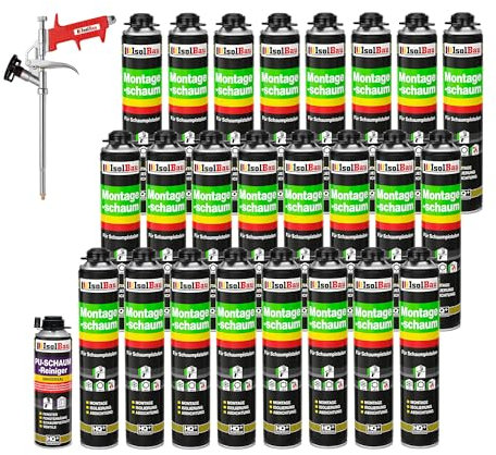Isolbau Bauschaum-Set - Inkl. 24 x 1K Montageschaum B2 Pistolenschaum mit hervorragender Schall und Wärmedämmung (je 750 ml), 1 x PU-Schaum-Reiniger (500 ml) & 1 x Schaumpistole, Dämmen