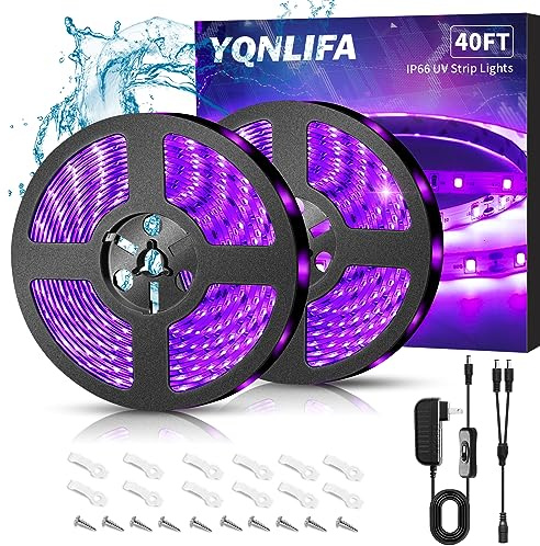 YQNLIFA Waterproof 40Ft Black Light Strip, IP65 Black Light Fixtures Kit, 720 LED Strip with 12V Power Supply for Outdoor Indoor Halloween Glow Neon Party Resin Curing Display Cabinet Posters Boat