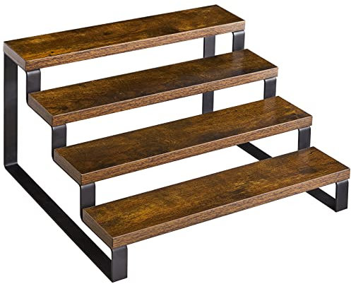 YMYNY 4 Tier Spice Rack Organizer for Cabinet, Wood Step Shelf Storage Holder, Free Standing Kitchen Pantry Countertop Shelves Cupboard for Spice Bottles, Jars, Seasonings, Rustic Brown Black HSR004H