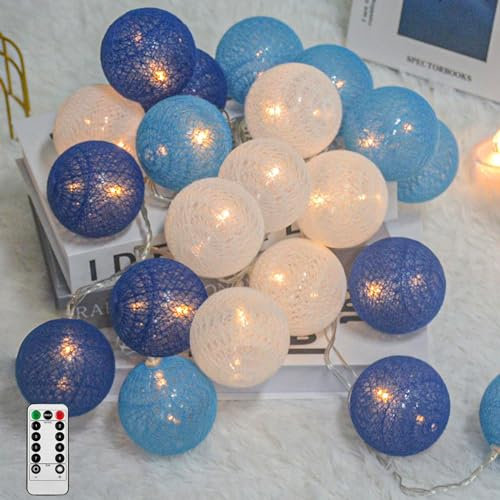 Ciskotu Baumwollkugeln Lichterkette, 20 LED USB Dimmbar Cotton Ball Lichterkette mit Fernbedienung und Timer, LED Kugeln Lichterkette Innen für Kinderzimmer Weihnachten Hochzeit Party (Blau)