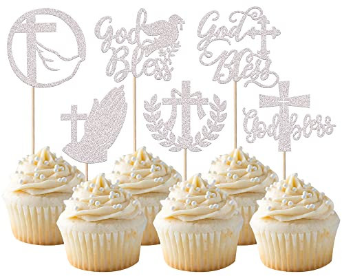 24 God Bless Tortendeko Religiösen Theme Cupcake Toppers Glitter Cross Dove of Peace God Bless Kuchen Deko Erste Heilige Kommunion Cupcake Picks für Baby Dusche Kinder Geburtstag Party Silber