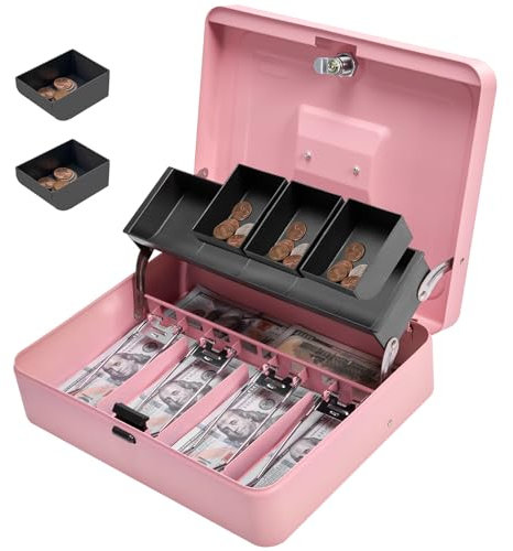 Sgorlds Geldkassette aus Metall mit Tablett und Schlüsselschloss, abgestufte abschließbare Geldkassetten, langlebige Schloss-Safe mit Schlüssel, 4 Geldscheine und 5 Münzfächer, freitragender Design,