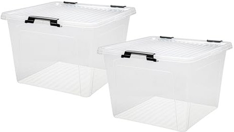 Dynamic24 Boîte de rangement 26 l, avec couvercle et fermeture à clip, 40 x 40 x 27 cm, en plastique, empilable, transparente, empilable, pour vêtements, jouets, décoration