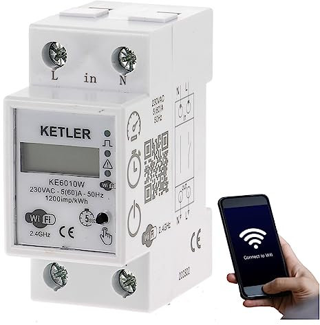 KETLER - KE6010W : Compteur contacteur électrique modulaire - Monophasé 60 A - WIFI - Mesure directe - Compatible SMART LIFE et TUYA