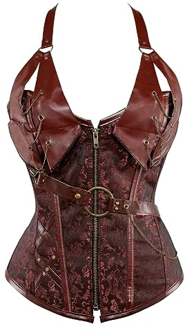 KUOSE Dam fuskläder gotisk steampunk baskiska bustier formkläder spiral stål benad korsett topp, Brunt -1, 6-8
