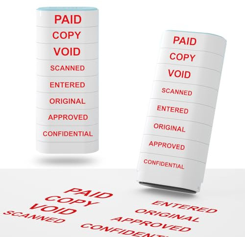 8-in-1 Bürostempel, selbstfärbendes Bürostempel-Set für bezahlte, kopierte, nichtige, gescannte, eingegebene Original-Stempel, genehmigte und vertrauliche Briefmarken für Büronachrichten, rote Tinte