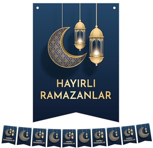 Ramazan Decor (Hayirli Ramazanlar) Bunting Banner Flag Chain (Blue/Gold)