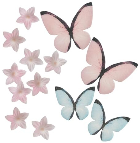 dekora - Set de Decoraciones Comestibles para Tartas y Cupcakes - Obleas Comestibles Sin Gluten, Azúcar ni Lactosa - 39 Piezas - Flores Rosas, Hojas Verdes y Mariposas Rosas y Azules de 15x72x170 mm