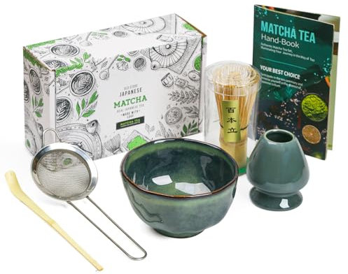 Set da tè giapponese Matcha da 5, set con frusta a 100 denti, supporto per frusta, paletta tradizionale, setaccio da tè e ciotola in ceramica per Matcha (ciotola irregolare