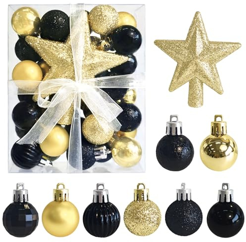30 Stück Mini Weihnachtskugeln mit Aufhänger,3CM Christbaumkugeln Schwarz Gold Kugeln Kleine Weihnachtskugeln Mini Weihnachtsbaum Tisch-Weihnachtsbaum Dekorationsset