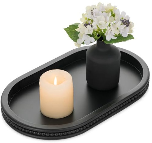 Hanobe Serving Wooden Decorative Tray: Black Beaded Oval Coffe Table Tray for Centerpiece Decor - Modern Wood Candle Plates for Counter Display