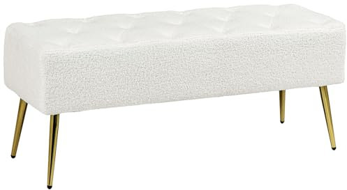 HOMCOM Sitzbank Polsterbank mit Lammwolle-Optik, Knopfheftung, Bettbank mit Stahlbeine, Schuhbank für Schlafzimmer, Wohnzimmer, Flur, 112 x 41 x 46 cm, Creme