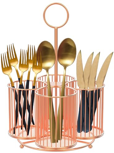 360°Rotating Cutlery Holder,Metal Kitchen Utensil Holder,4-Compartment Metal Utensil Caddy, Multipurpose Countertop Silverware Organizer for Kitchen Picnic Camping Outdoor (Rose Gold With Handle)