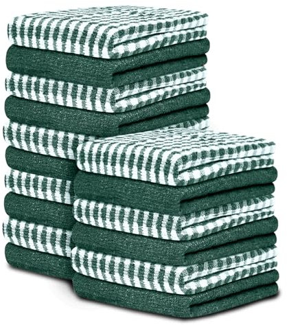 GC GAVENO CAVAILIA Large Tea Towels Pack of 16 | 46 x 65 Cm Check Green Tea Towels Bar Kitchen Towels Set | Absorbent Chef Tea Towel Dish Cloths Cleaning | 35% Polyester, 65% Cotton Dish Towels