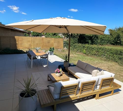 PURPLE LEAF Sonnenschirm Rechteckig 270 x 365 cm Ampelschirm Groß Sonnenschirm Terrasse mit Kurbel, Holzoptik Gartenschirm 360° Drehbar und Neigbar UV 50+ Schutz Wasserabweisend, Beige
