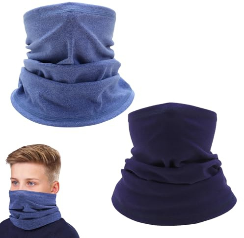 EUPSIIU 2 Pcs Kids Neck Warmer Winter Neck Warmer Gaiter Fleece Tube Scarf Windproof Neck Scarf Kids Ski Mask, Thermal Mask for Outdoor Sports Skiing Running (Navy blue, Blue)