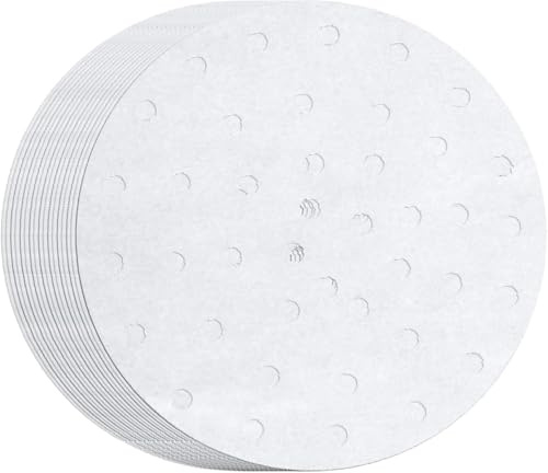 pistro 100 Count Perforated Parchment Paper Bamboo Steamer Liners for 10 inch Air Fryer – Non-Toxic, Food Grade, Non-Bleached, Speed Up Steam Circulation, Prevents Sticking