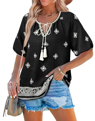 Cerrlop Tunika Sommer Große Größen: Vintage Bohemian Stickerei Blusenshirt - Oberteil Damen Übergröße Kurzarm - Blumendruck Lose Hemd Kurzarm