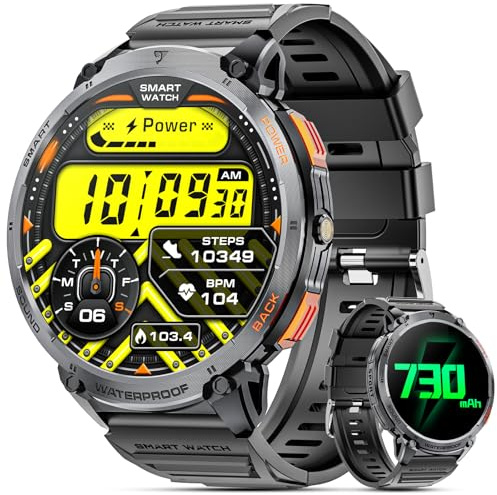 Haulvean Militärische Smartwatch für Männer mit Bluetooth Anrufen, 1,85 HD Display, 730 mAh Akku, IP68. Fitness Tracker mit LED Taschenlampe,24/7 Herzfrequenz, Schlafmonitoring,Mit Android und iOS