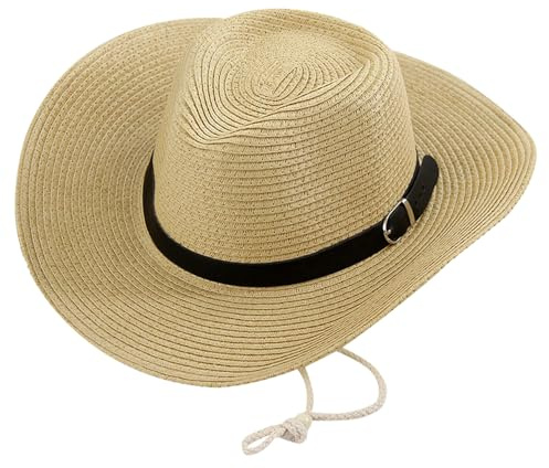 Western Straw Cowboy Hat with Windproof Rope,Beach Straw Hat Foldable with Leather Belt,Lightweight Vintage Nationality Style Cowboy Hat for Men Womens Summer Beige