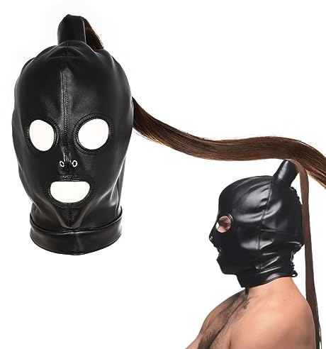 Weiche Leder Kopfmaske Abnehmbarer 54CM Zopf Kopfbedeckung BDSM Verstellbar | YILUQIFLY Sex Bondage Sklave Erwachsene SUBS Rollenspiel Fetisch Sexspielzeug Erotik Frauen Männer Schnürung Halloween Maske