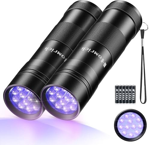 UV Light Torch, 12 LED UV Lamp Ultraviolet Torch, 2PCS UV Flashlight for Pet Urine Detector, 395nm Blacklight Torch for Money, Documents, Invisible Insects Detector On Floor (6 AAA Batteries Included)