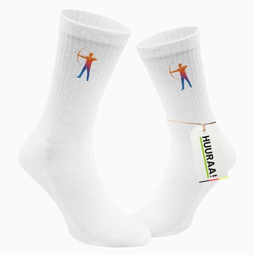 Huuraa Unisex Socken Bogenschießen bunte Silhouette Geschenk | Baumwolle Tennissocken Geschenkidee Weiße Sportsocken mit Motiv Unisex Baumwollsocken für Frauen und Männer